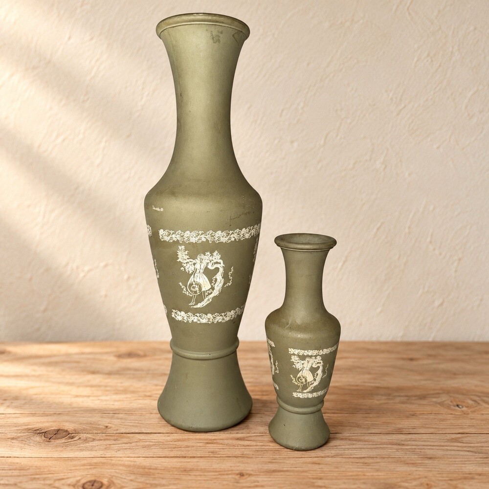 Vintage Pair Olive Green Painted Glass Bud Vases White Pastoral Scene 11”